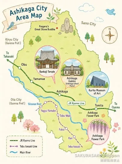 Illustrated map of Ashikaga City showing Ashikaga Gakkō and Ashikaga Flower Park