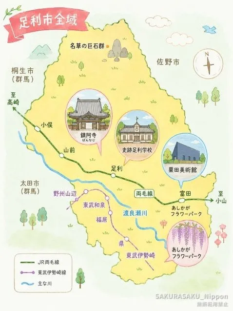 足利市全域の地図。史跡足利学校とあしかがフラワーパークの位置関係