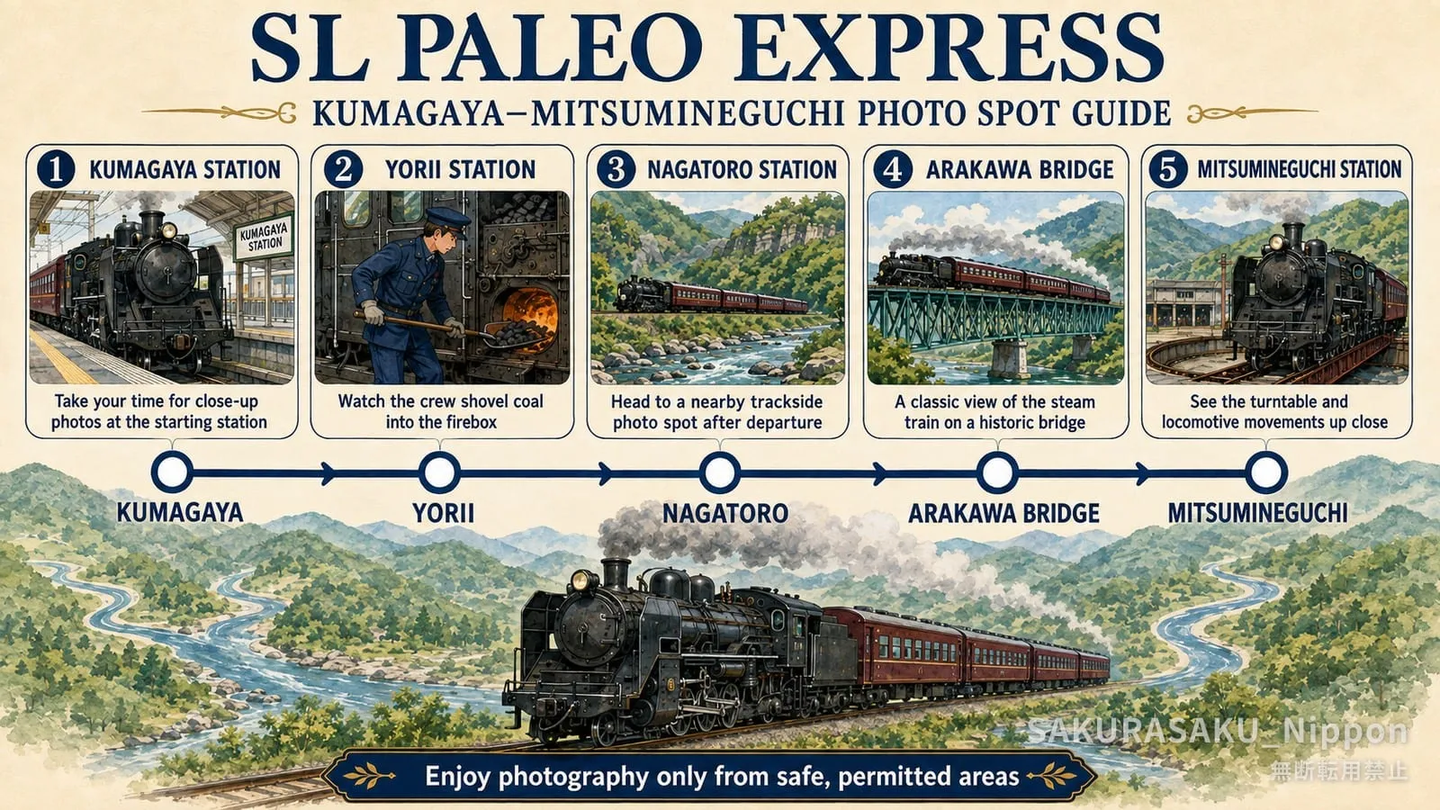 An illustrated guide to five photo spots along the Paleo Express route, from Kumagaya to Mitsumineguchi