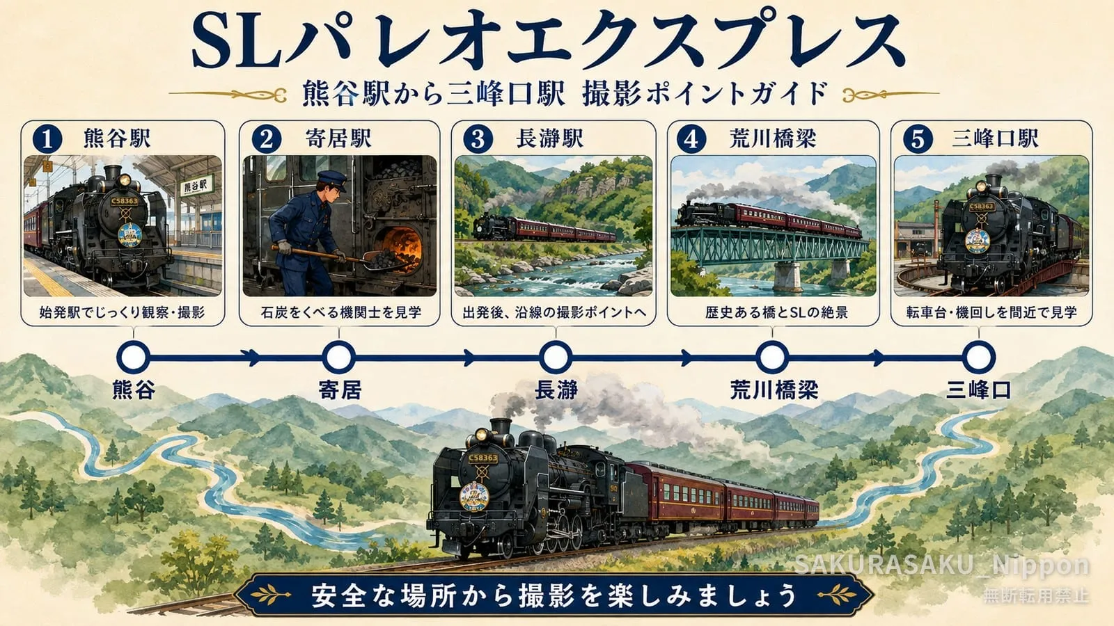 熊谷から三峰口までの、SLパレオエクスプレスの撮影ポイント5か所を描いたイラストガイド
