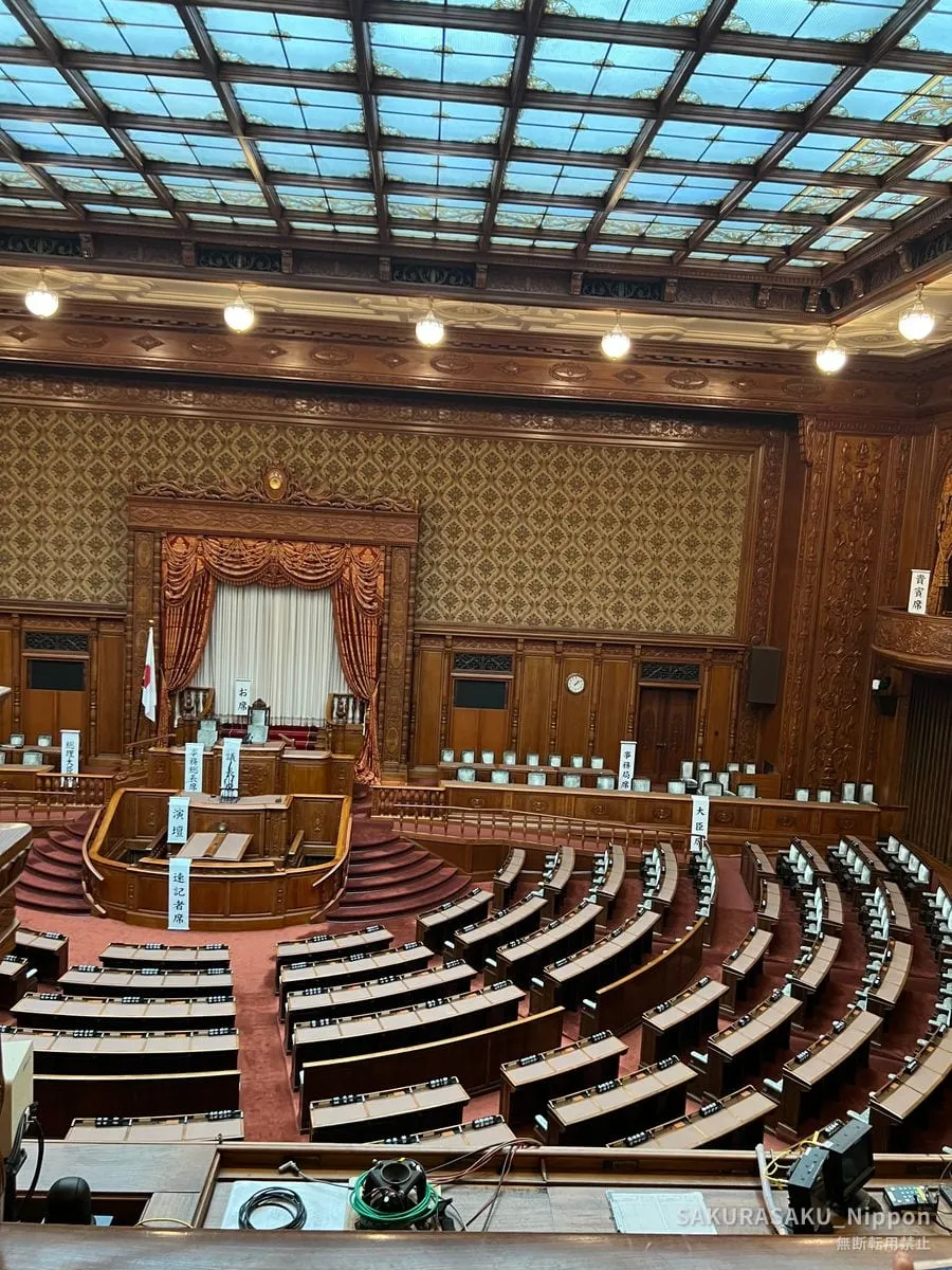 The chamber of the House of Councillors, seen from the gallery, beneath its stained-glass ceiling