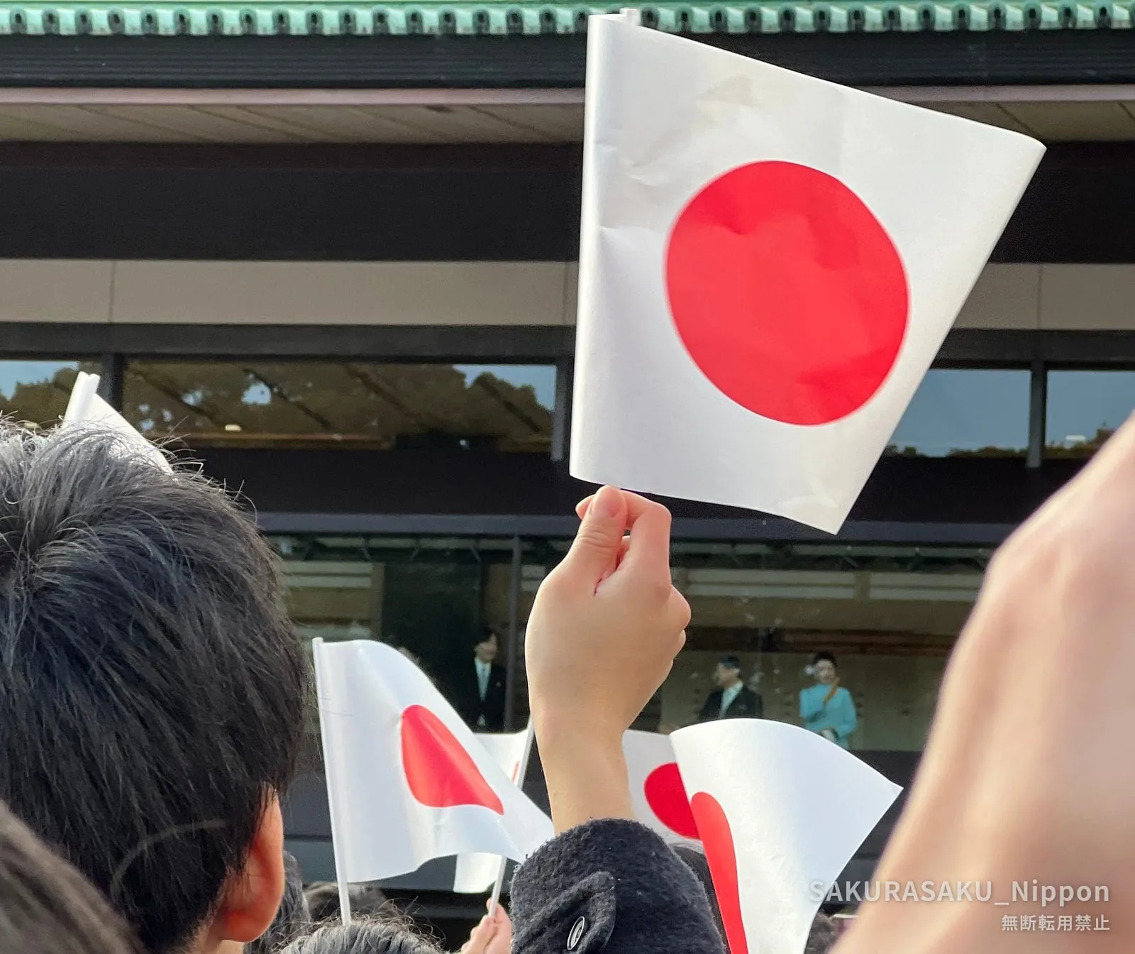 The crowd waving paper flags toward the palace balcony