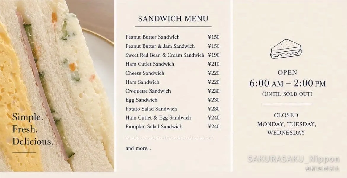 Karina's sandwich menu, with prices and opening hours
