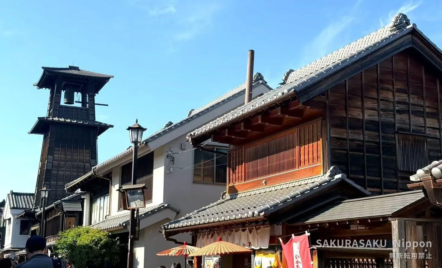 Kurazukuri merchant houses in Kawagoe, with the wooden Toki no Kane bell tower rising behind them
