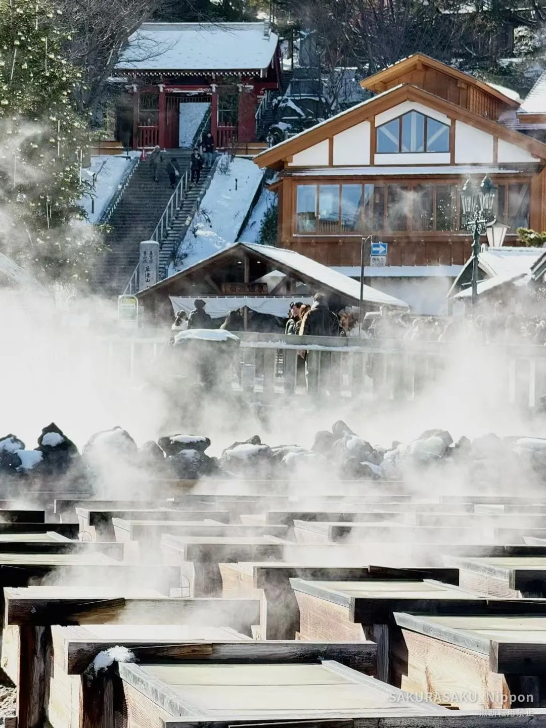 The Kusatsu yubatake and hot spring town seen from the viewing deck