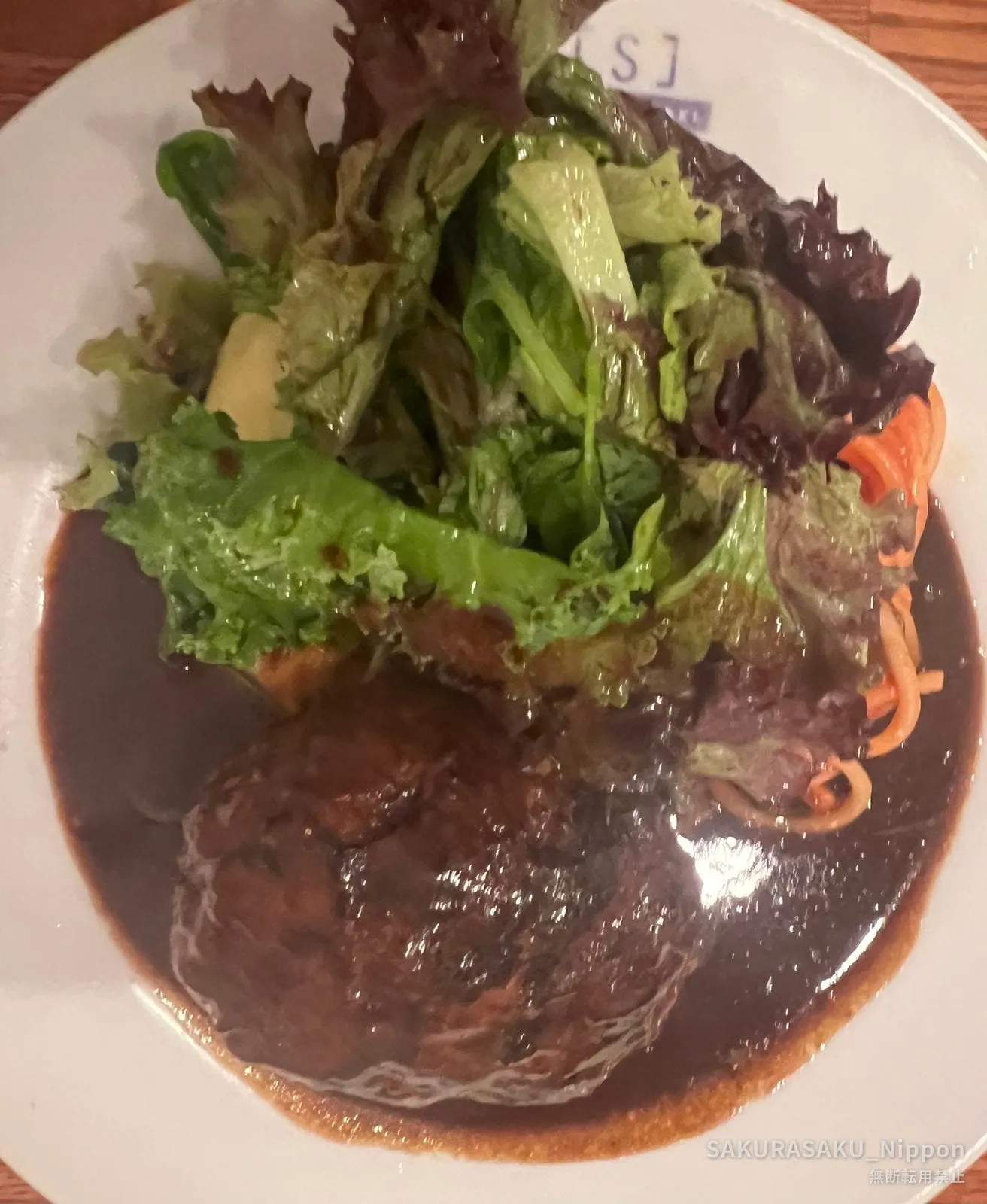 Hamburger steak in demi-glace sauce with a salad