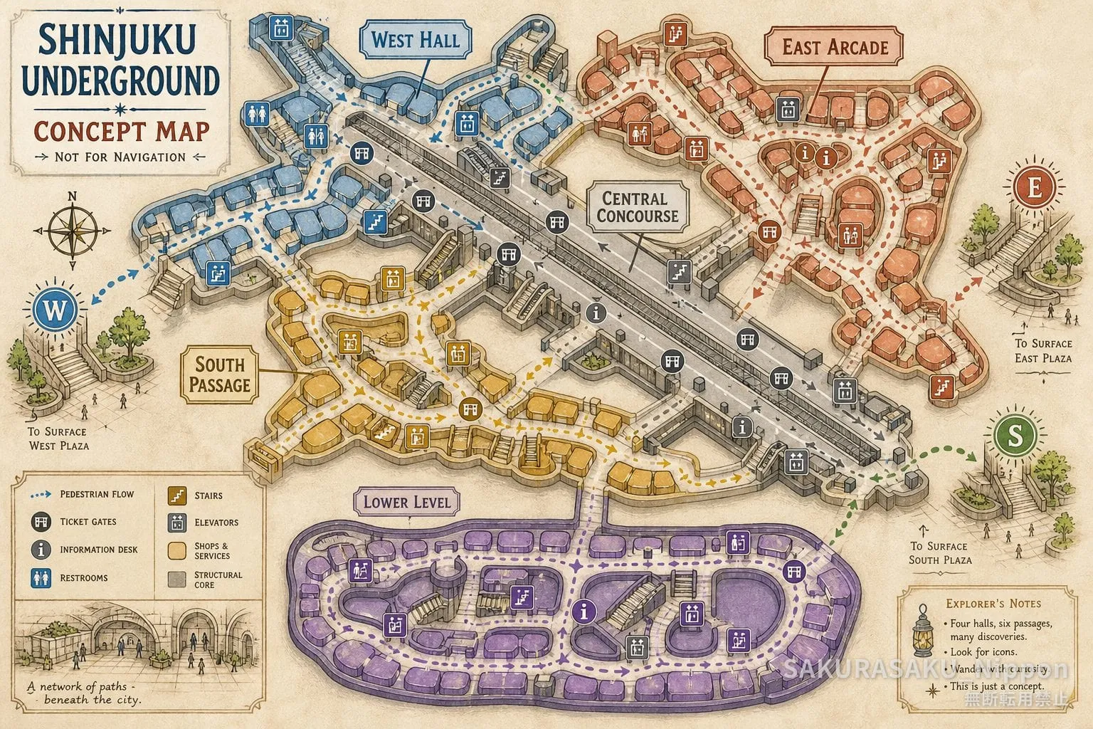 An illustrated fantasy map of an underground network, labelled Shinjuku Underground Concept Map, Not For Navigation