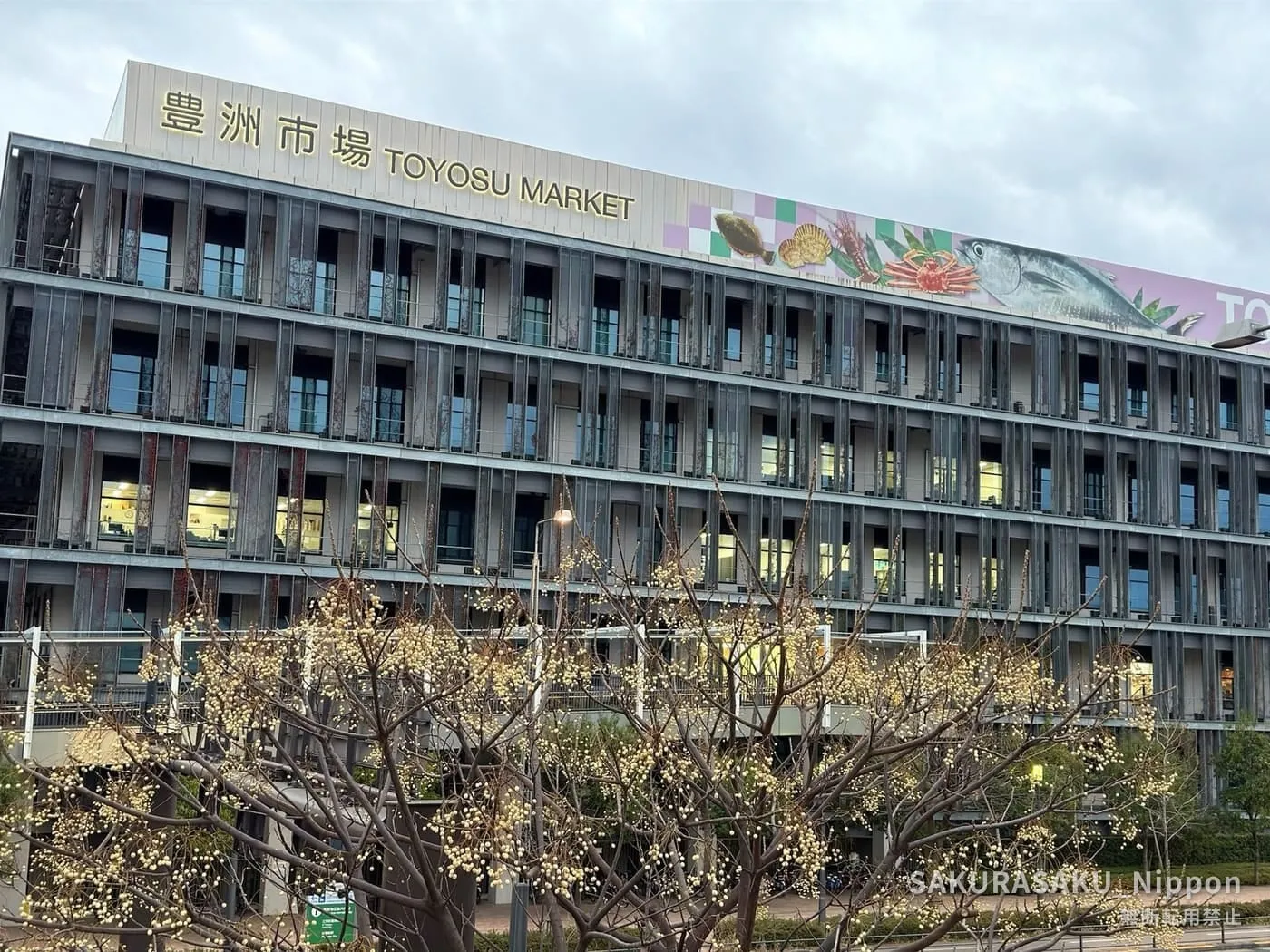 The Toyosu Market building, seen from the pedestrian deck