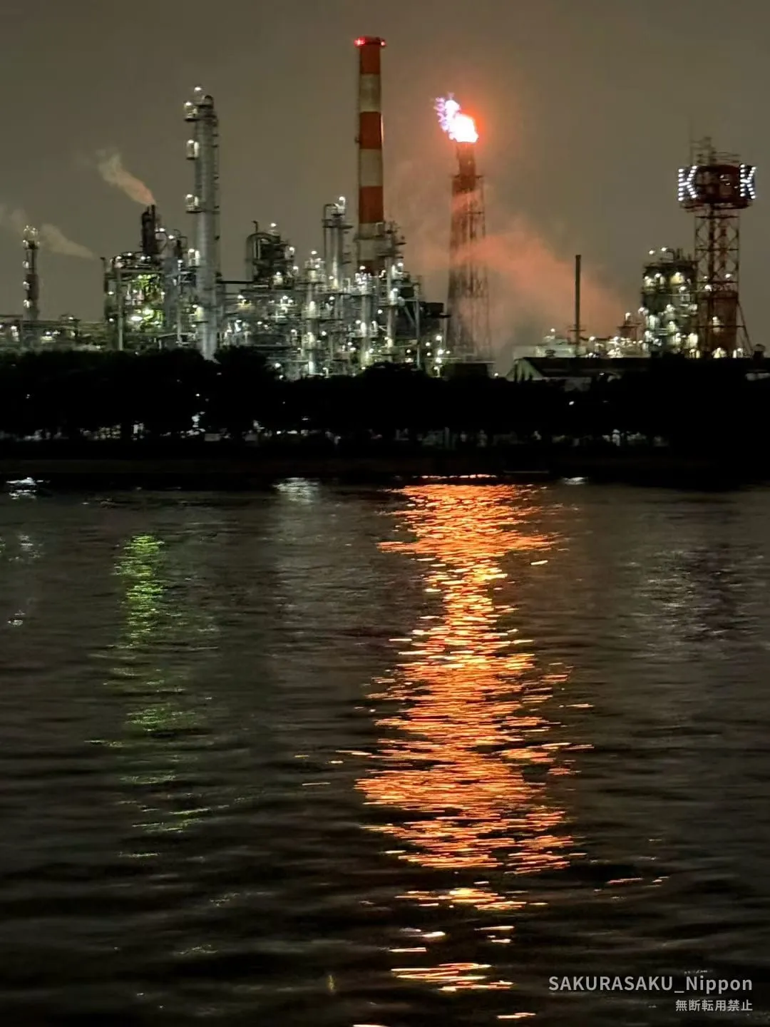 A flare stack burning above a plant on the far bank, its orange light reflected in the black water