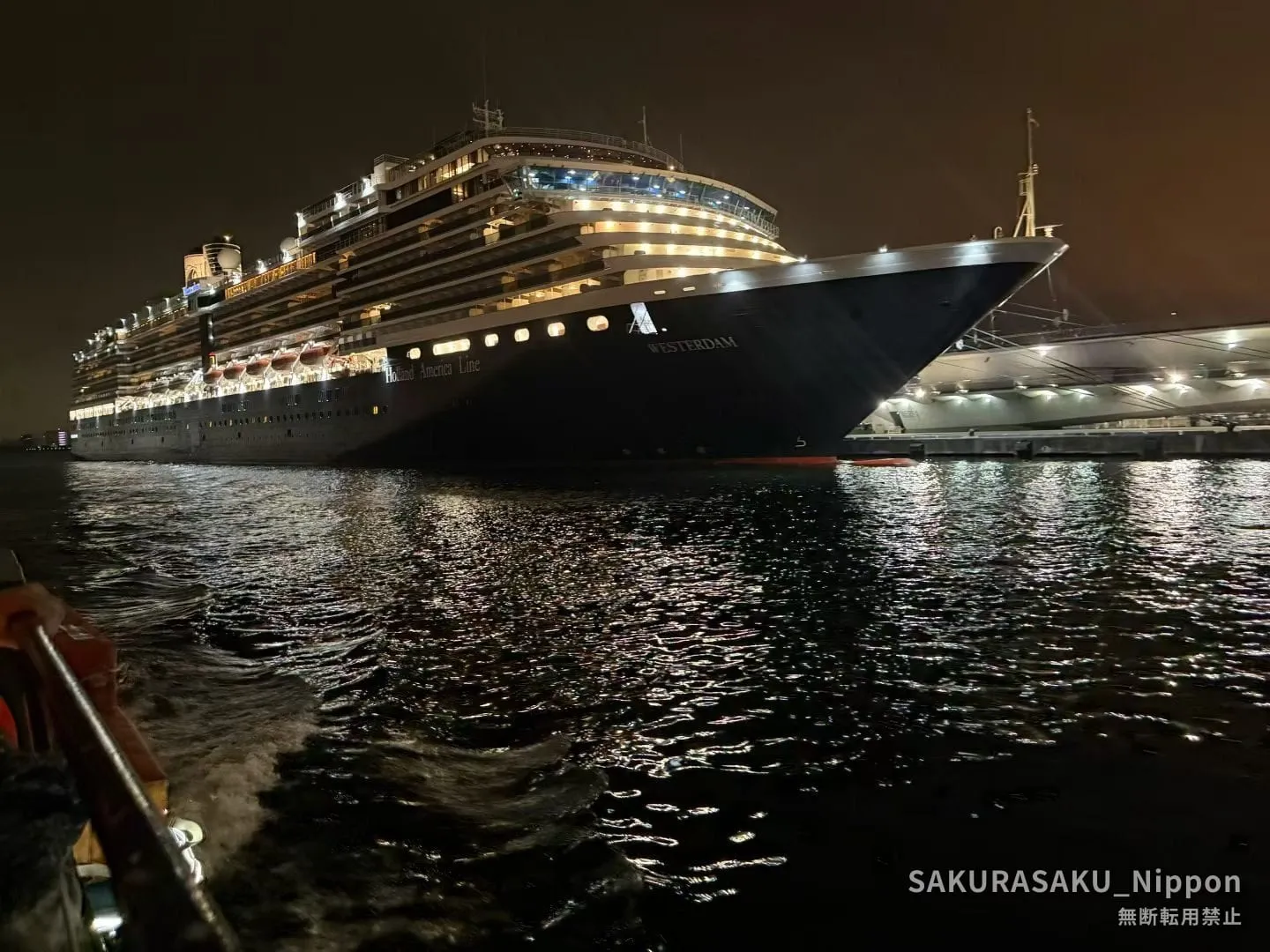 A large cruise liner berthed at Osanbashi Pier in Yokohama at night, seen from the water